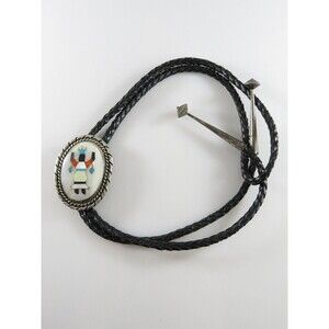 Circa 1960 Zuni Apache Ghan Crown Dancer Inlaid Sterling Silver Bolo Tie Bennett